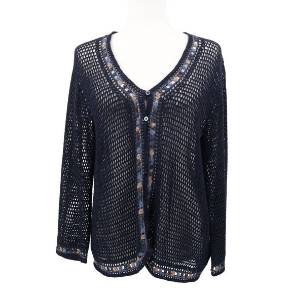 Norton Mcnaughton Open Knit Cardigan Womens M Navy Grannycore Cottagecore Boho - Picture 2 of 16